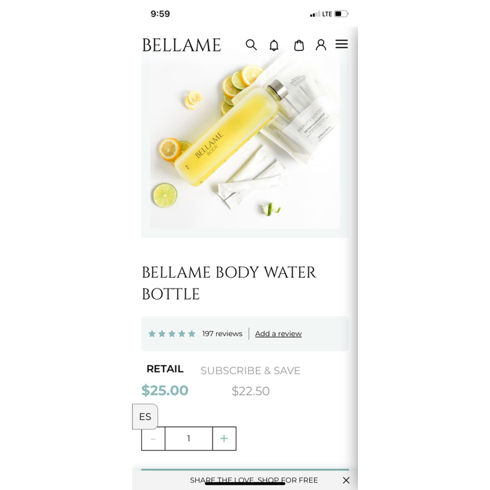 BELLAME BODY WATER BOTTLE | NIB